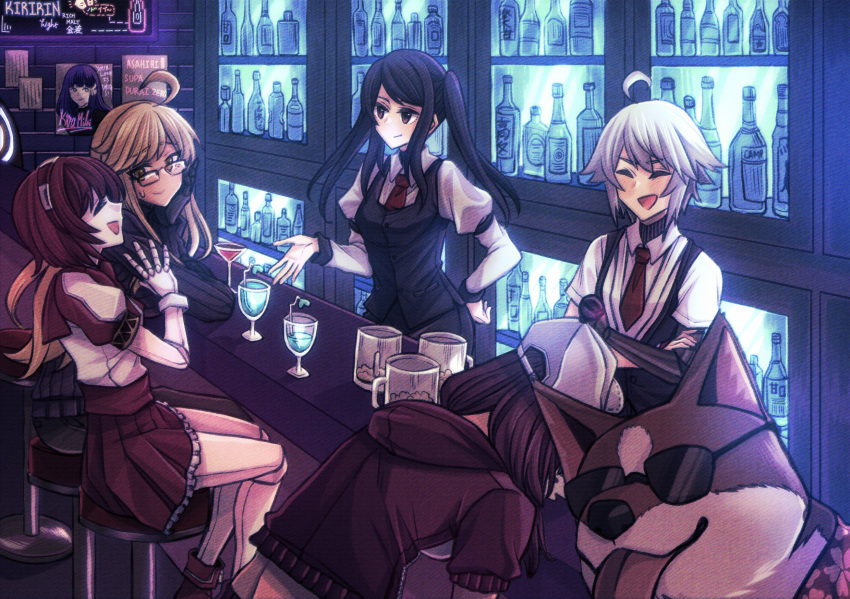021_shiro, 5girls, ahoge, alma_armas, android, bar, bar_stool, bartender