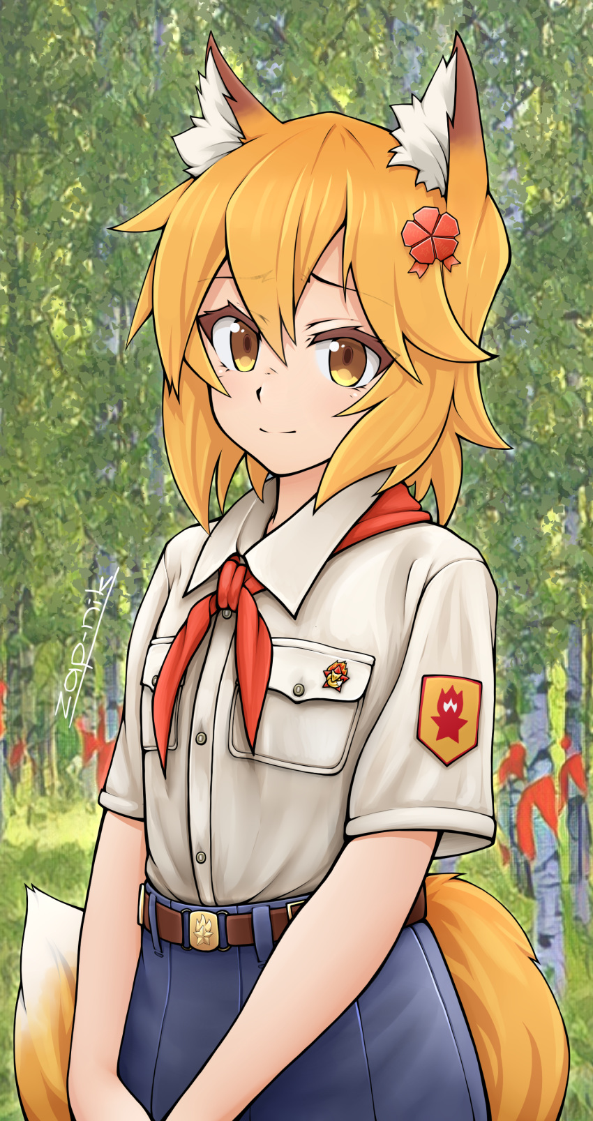 1girl, absurdres, animal_ear_fluff, animal_ears, artist_name, belt, belt_buckle, blonde_hair, blue_skirt, breast_pocket, buckle, closed_mouth, commentary, cowboy_shot, crossover, english_commentary, everlasting_summer, eyebrows_visible_through_hair, flower, forest, fox_ears, fox_girl, fox_tail, hair_between_eyes, hair_flower, hair_ornament, highres, looking_at_viewer, nature, neckerchief, orange_hair, outdoors, pioneer_movement, pioneer_neckerchief, pocket, red_neckwear, senko_(sewayaki_kitsune_no_senko-san), sewayaki_kitsune_no_senko-san, shirt, short_hair, short_sleeves, skirt, smile, solo, standing, tail, tree, white_shirt, yellow_eyes, zap-nik