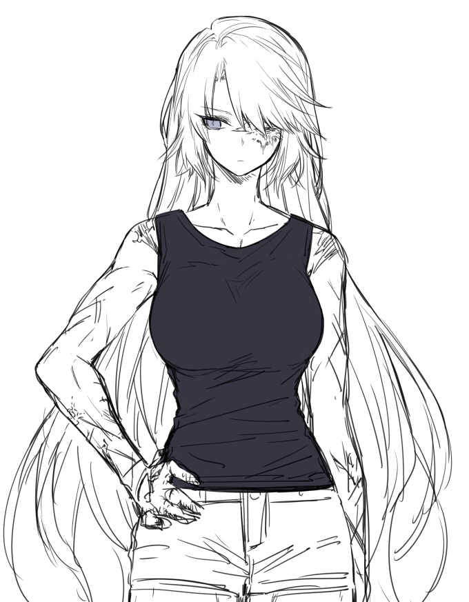 1girl, alternate_costume, bangs, breasts, collarbone, commentary, cowboy_shot, expressionless, facial_scar, greyscale, hair_over_one_eye, hand_on_hip, long_hair, looking_to_the_side, lydia_macarthur, medium_breasts, monochrome, one-eyed, original, scar, scar_across_eye, simple_background, sleeveless, solo, spot_color, tank_top, toned, very_long_hair, violet_eyes, waka_(shark_waka), white_background, white_hair