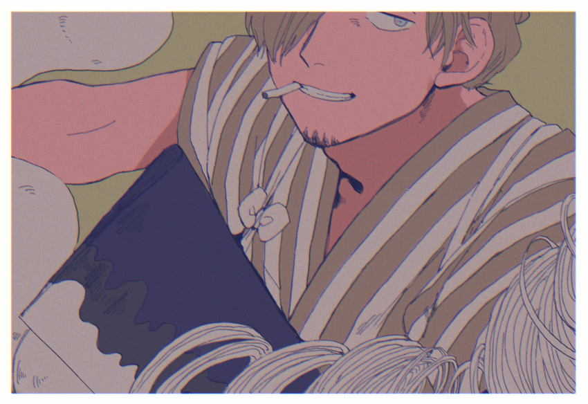 1boy, arm_up, blue_eyes, cigarette, cigarette_butt, cleaver, close-up, cooking, cutting, film_grain, food, hel22, highres, kitchen_knife, looking_at_viewer, noodles, one_piece, robe, sanji, simple_background, smile, soba, solo