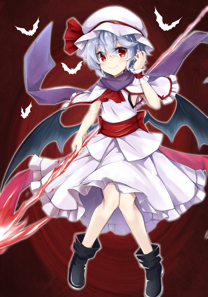 1girl, abstract_background, adapted_costume, akisome_hatsuka, arm_up, bat, bat_wings, black_footwear