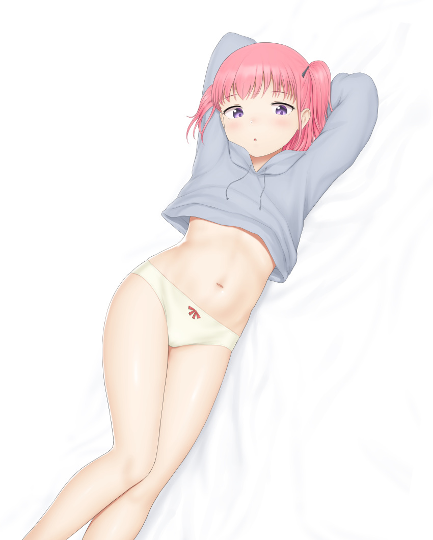 1girl, :o, absurdres, arms_behind_head, arms_up, bangs, bed_sheet, black_ribbon