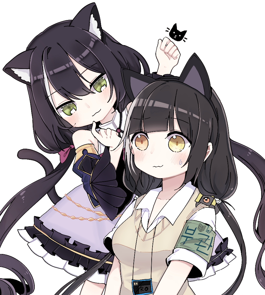 animal_ear_fluff, animal_ears, armband, bangs, black_hair, blush, cat_ears, cat_girl, cat_tail, closed_mouth, detached_sleeves, dress, girls_frontline, green_eyes, hairband, heterochromia, karyl_(princess_connect!), long_hair, mion_ing, multicolored_hair, princess_connect!, princess_connect!_re:dive, ro635_(dinergate), ro635_(girls_frontline), shirt, short_sleeves, simple_background, streaked_hair, tail, two-tone_hair, vest, white_background, white_hair, white_shirt, yellow_eyes