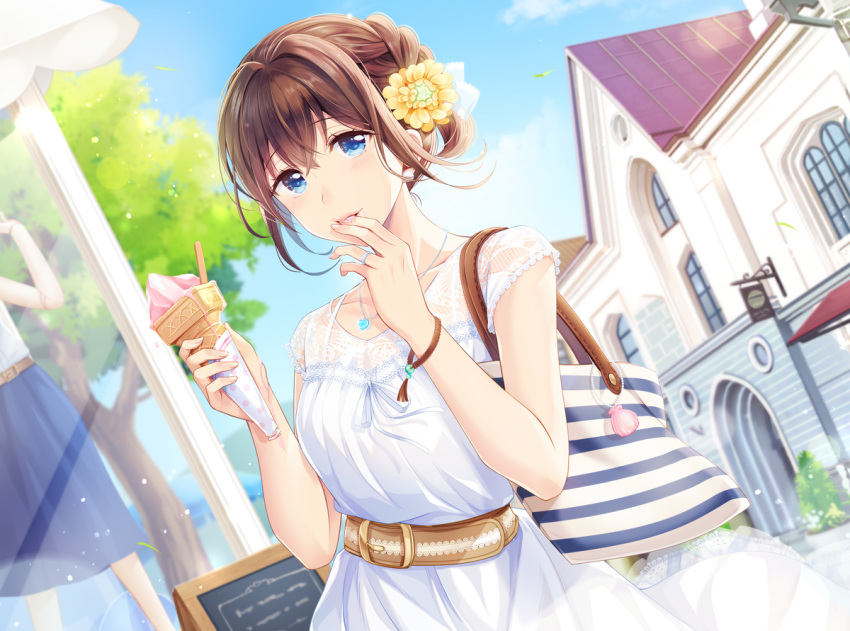 1girl, bag, blue_skirt, blurry, blurry_background, blush, braid, brown_hair