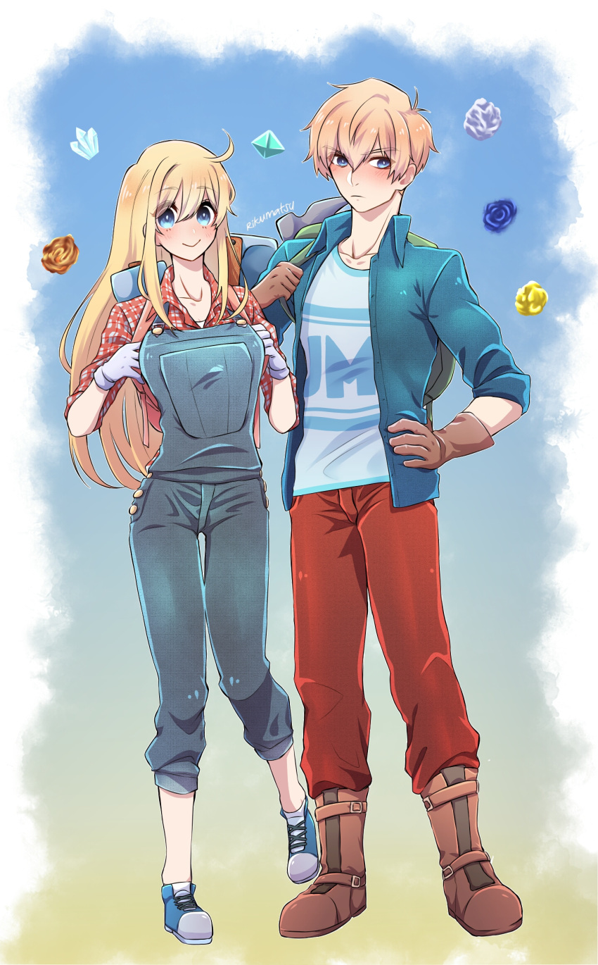 1boy, 1girl, ahoge, bangs, blonde_hair, blue_eyes, blue_overalls, bokujou_monogatari, claire_(bokujou_monogatari), eyebrows_visible_through_hair, full_body, gloves, gray_(bokujou_monogatari), highres, long_hair, looking_at_viewer, overalls, plaid, plaid_shirt, rikumats, shirt, shoes, sneakers