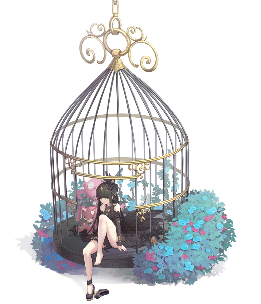 1girl, absurdres, bangs, bare_shoulders, barefoot, birdcage, black_dress, black_footwear