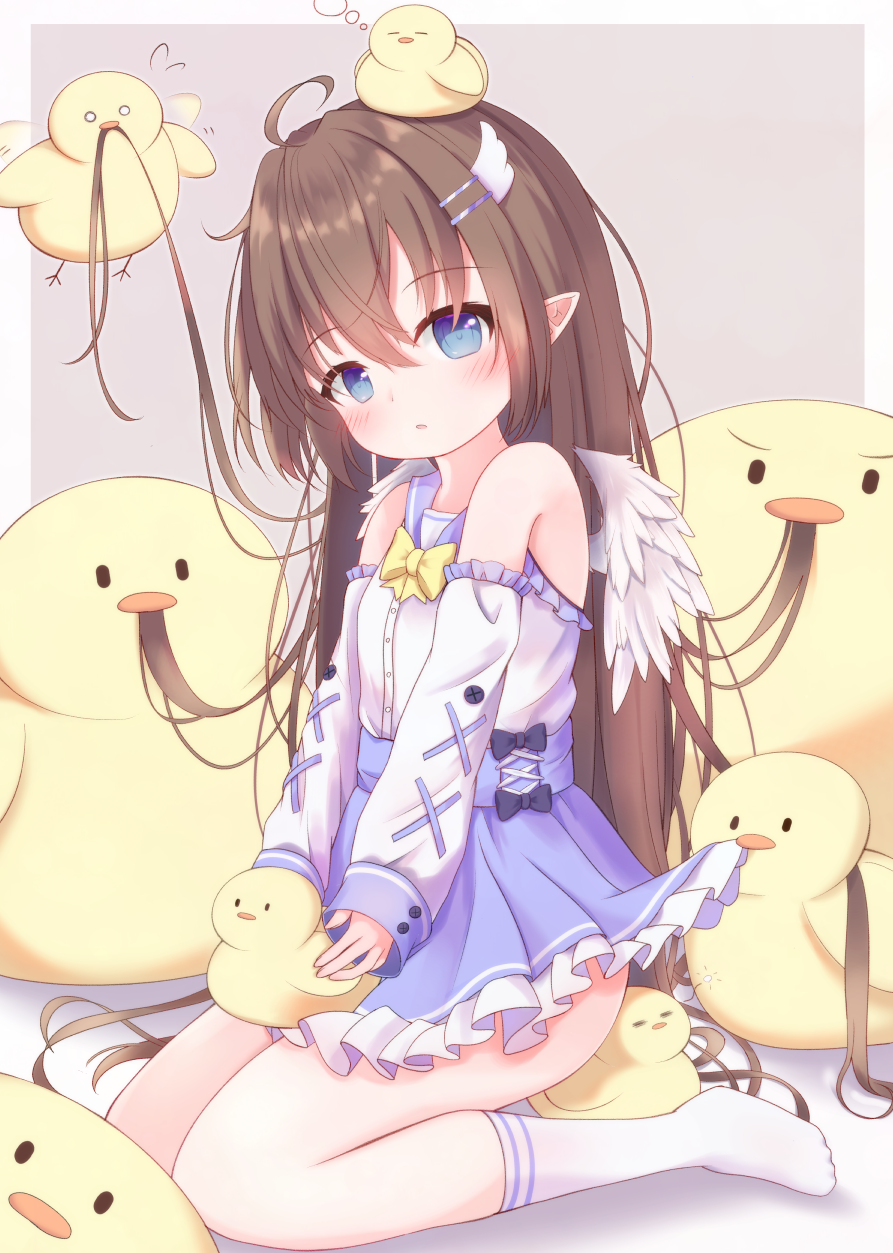 1girl, :o, afterimage, ahoge, animal, bangs, bare_shoulders, bird