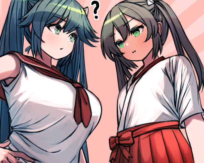 2girls, :i, ?, bangs, blue_hair, blush, breast_envy, breasts