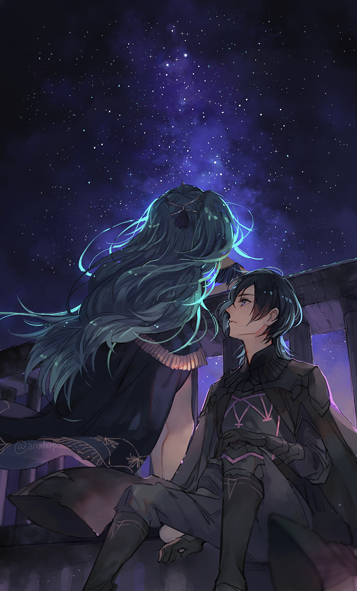 1boy, 1girl, anocurry, armor, black_gloves, blue_eyes, blue_hair, byleth_(fire_emblem)