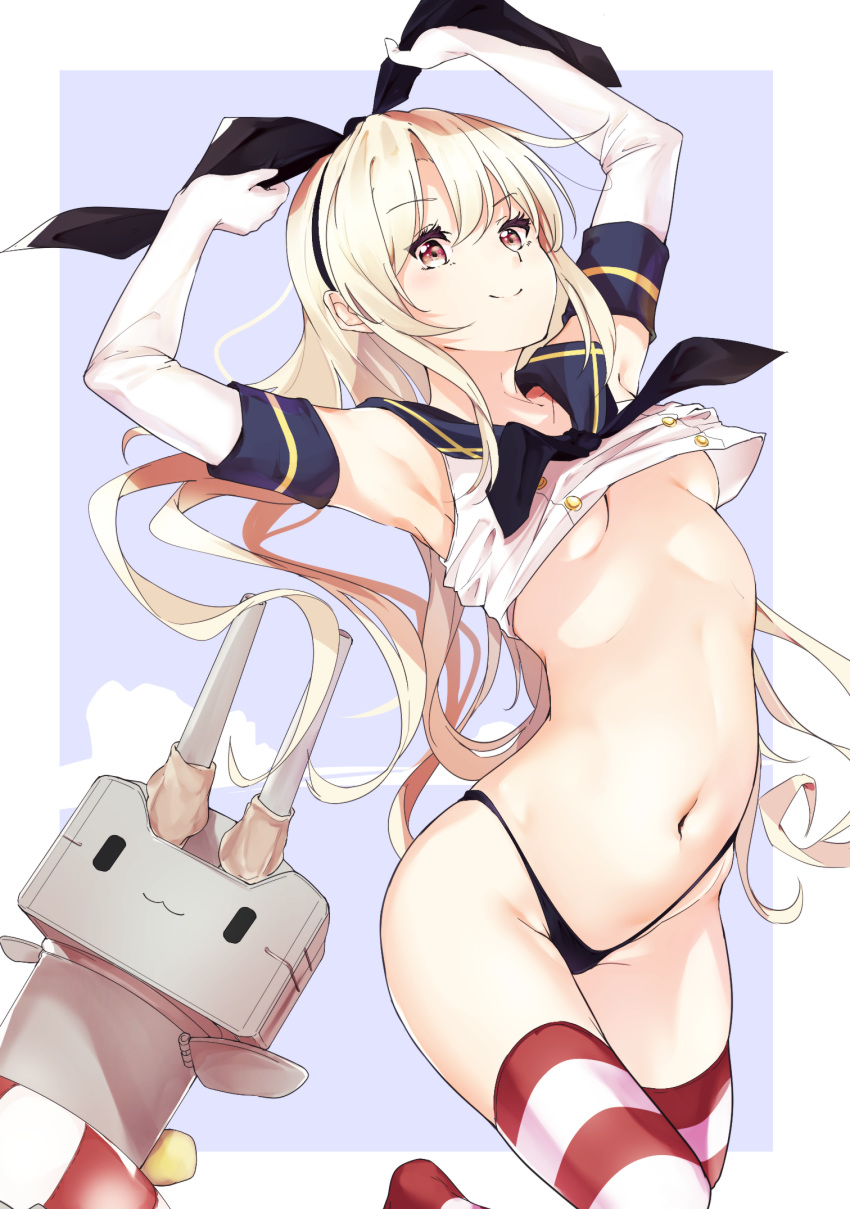 1girl, black_hairband, black_panties, blonde_hair, border, breasts, commentary_request, cowboy_shot