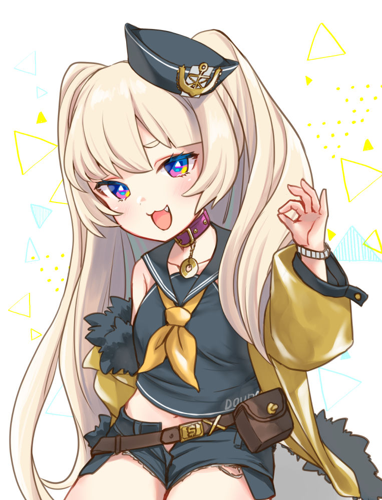 1girl, :3, azur_lane, bache_(azur_lane), belt, black_sailor_collar, blush, collar, fang, fur-trimmed_jacket, fur_trim, hat, hira_kawae, jacket, looking_at_viewer, micro_shorts, midriff, navel, ok_sign, open_clothes, open_shorts, sailor_collar, sailor_hat, shorts, solo, violet_eyes, yellow_jacket