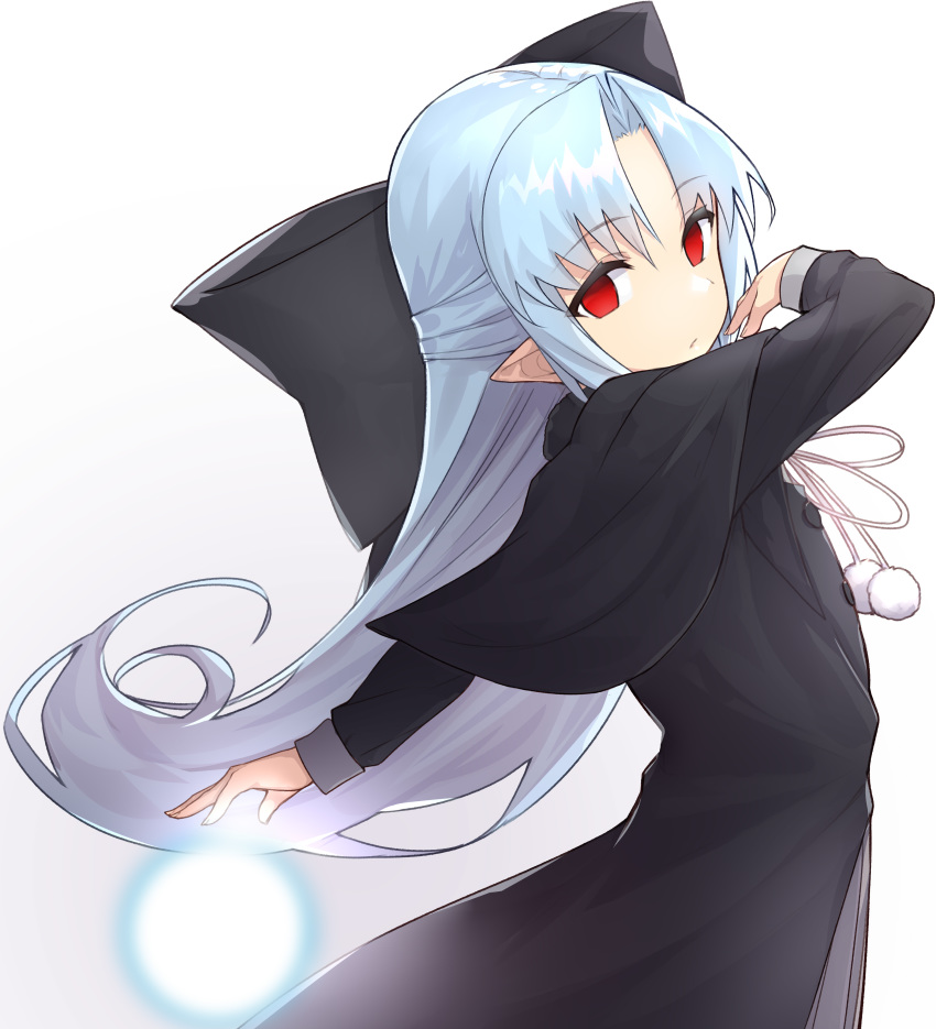 1girl, absurdres, apo_(apos2721), black_bow, black_capelet, black_dress, blue_hair, bow