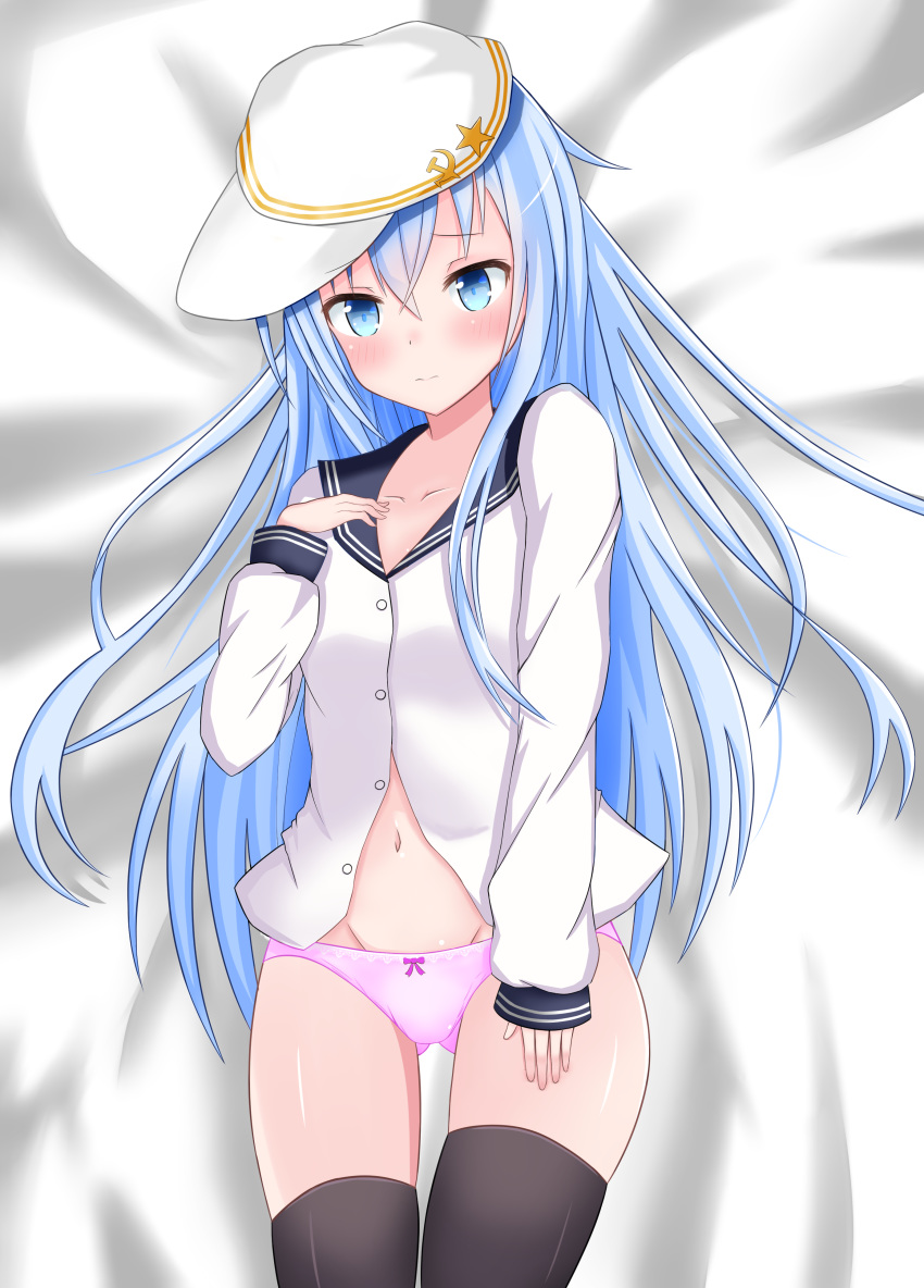 1girl, absurdres, ass_visible_through_thighs, bangs, baseball_cap, black_legwear, bleu, blue_hair, blue_sailor_collar, blush, closed_mouth, collarbone, collared_shirt, cowboy_shot, dress_shirt, from_above, groin, hair_between_eyes, hat, hat_ornament, hibiki_(kantai_collection), highres, kantai_collection, long_hair, long_sleeves, looking_at_viewer, lying, midriff, navel, on_back, panties, pink_panties, sailor_collar, sailor_shirt, shiny, shiny_legwear, shiny_skin, shirt, solo, star_(symbol), star_hat_ornament, stomach, thigh-highs, thigh_gap, tikken, underwear, verniy_(kantai_collection), very_long_hair, white_headwear, white_shirt