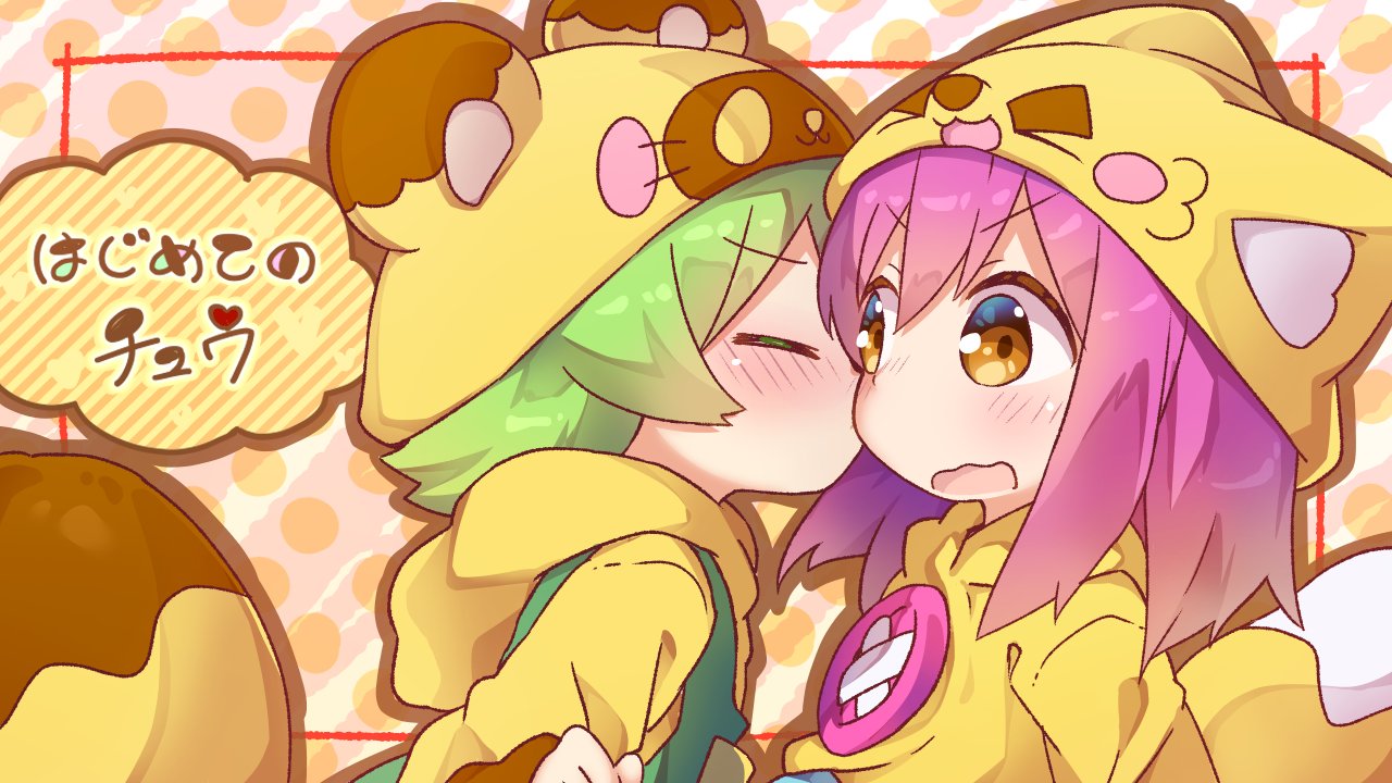 1boy, 1girl, blush, botan-kun, brown_eyes, cheek_kiss, closed_eyes, fox_hat
