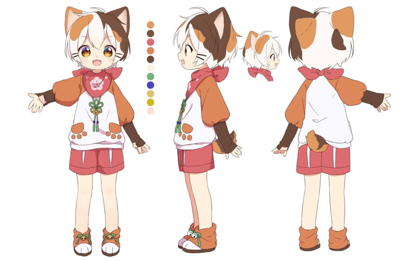1boy, animal_ears, blush, brown_hair, cat_boy, cat_ears, cat_tail, character_sheet, highres, long_sleeves, multicolored_hair, nipeira, official_art, orange_hair, original, paw_boots, scarf, shorts, sleeves_past_wrists, solo, tail, tatamaru_(vtuber), virtual_youtuber, white_hair