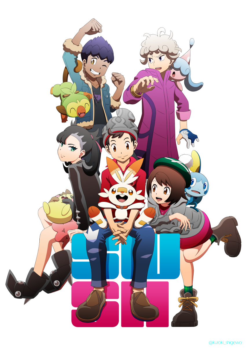 2girls, 3boys, absurdres, asymmetrical_bangs, bangs, beanie, beet_(pokemon), black_hair