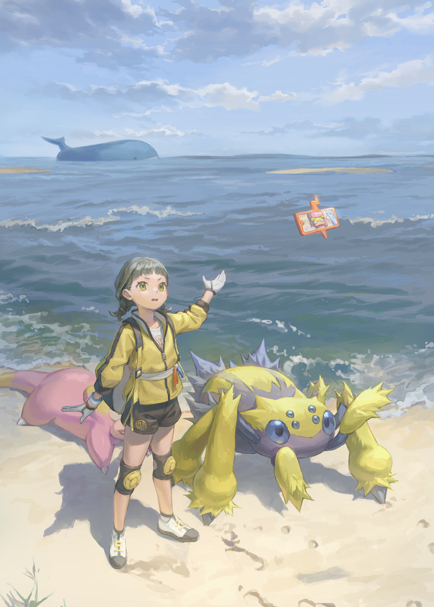 1girl, arm_up, bangs, beach, black_hair, black_shorts, blue_sky, blunt_bangs