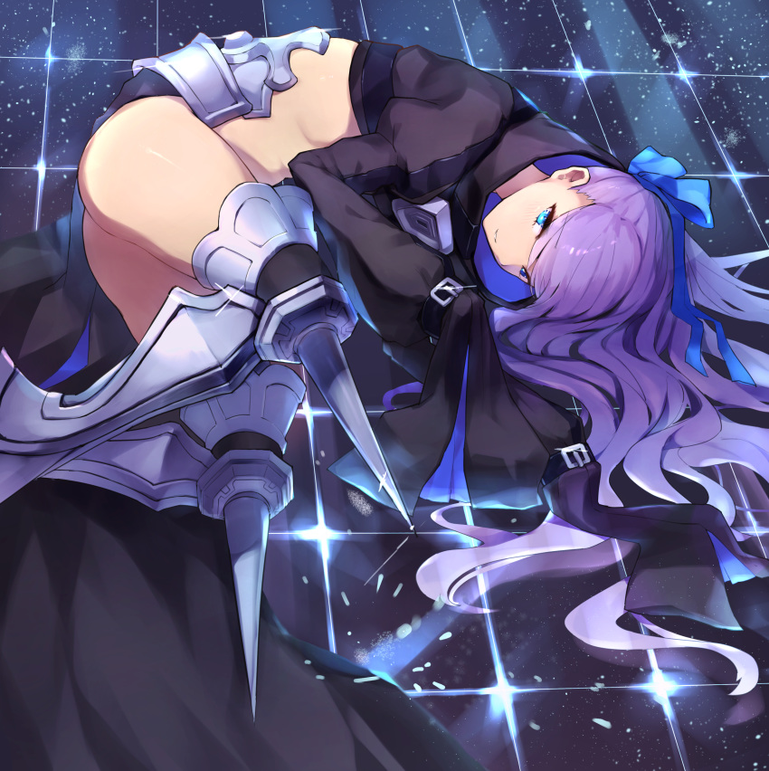1girl, absurdres, armored_boots, bangs, black_jacket, blue_eyes, blue_ribbon, blush
