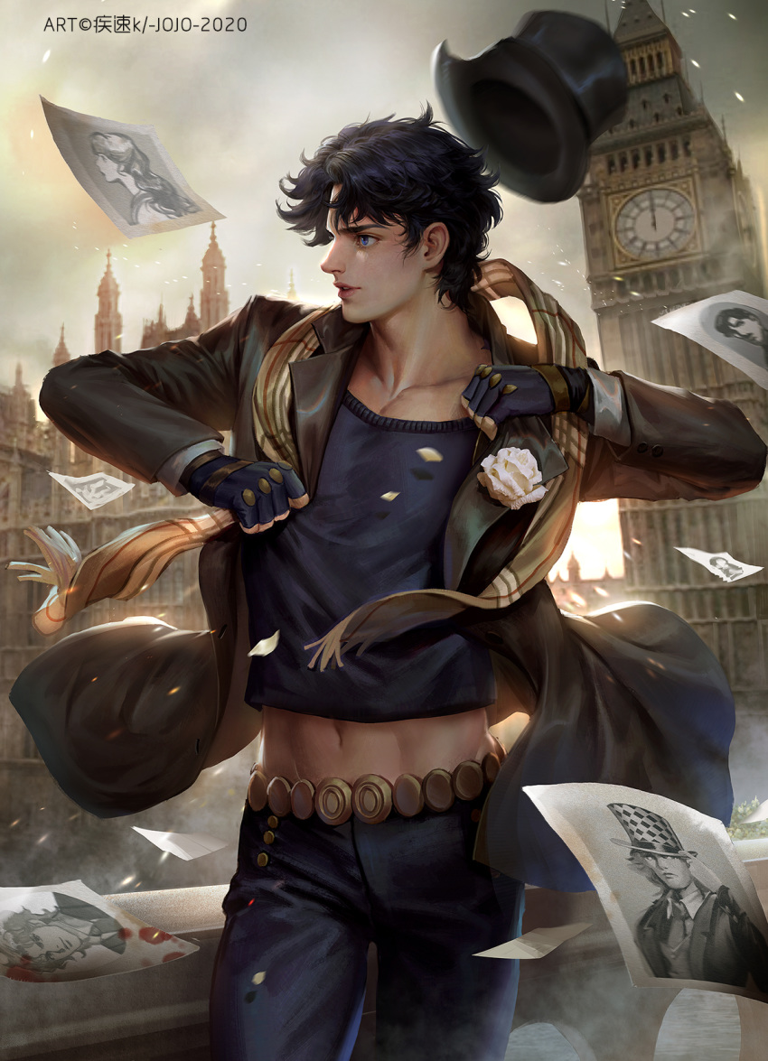 1boy, abs, alternate_costume, blue_eyes, blue_hair, cdash817, clock, clock_tower