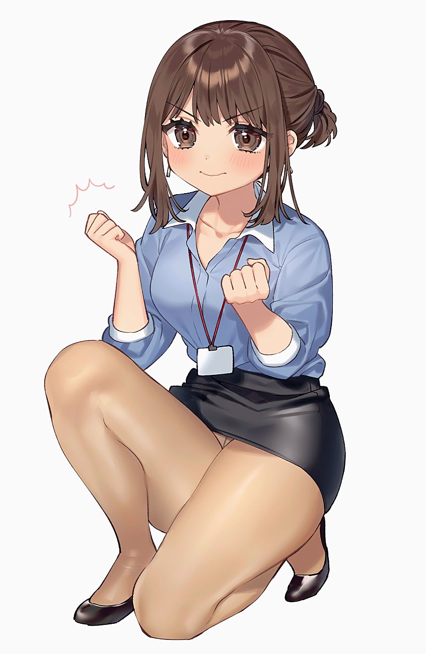 1girl, black_footwear, black_skirt, blue_shirt, breasts, brown_eyes, brown_hair, clenched_hands