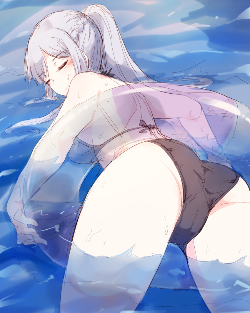 1girl, ak-12_(girls_frontline), ass, bangs, bare_shoulders, bikini, black_bikini, braid, breasts, closed_eyes, doughnut_innertube, french_braid, girls_frontline, hair_between_eyes, halterneck, high_ponytail, highres, holding, holding_innertube, hourai_kochou, innertube, large_breasts, lifebuoy, long_hair, lying, on_stomach, pale_skin, partially_submerged, silver_hair, smile, swimsuit, thighs, transparent, water