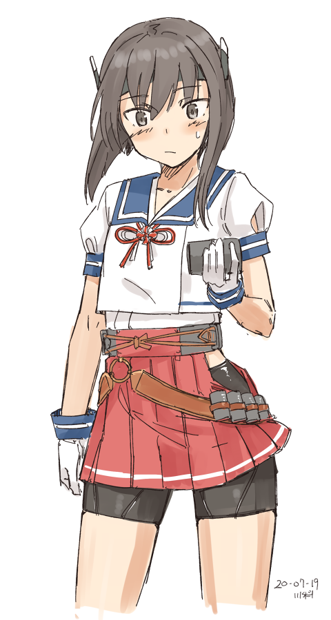 1girl, belt, bike_shorts, blue_sailor_collar, brown_eyes, brown_hair, cosplay, cowboy_shot, depth_charge, gloves, headband, headgear, hip_vent, holding, kantai_collection, kawashina_(momen_silicon), mikura_(kantai_collection), mikura_(kantai_collection)_(cosplay), pleated_skirt, puffy_short_sleeves, puffy_sleeves, red_skirt, sailor_collar, sailor_shirt, shirt, short_sleeves, simple_background, skirt, solo, taihou_(kantai_collection), white_background, white_gloves, white_shirt