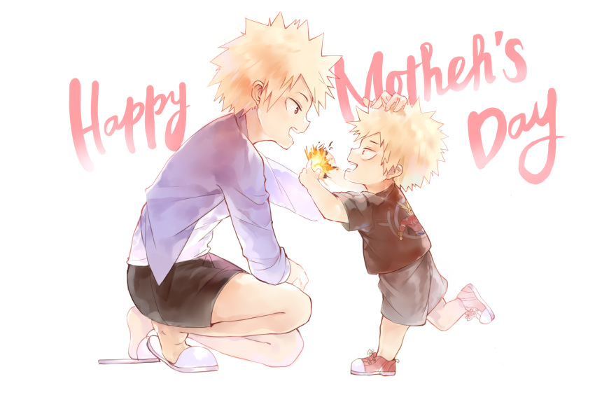 1boy, 1girl, :d, all_might, amicis_(amisic), bakugou_katsuki, bakugou_mitsuki, black_shirt