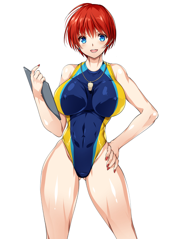 1girl, ass_visible_through_thighs, blue_eyes, blue_swimsuit, breasts, commentary_request, competition_swimsuit, covered_nipples