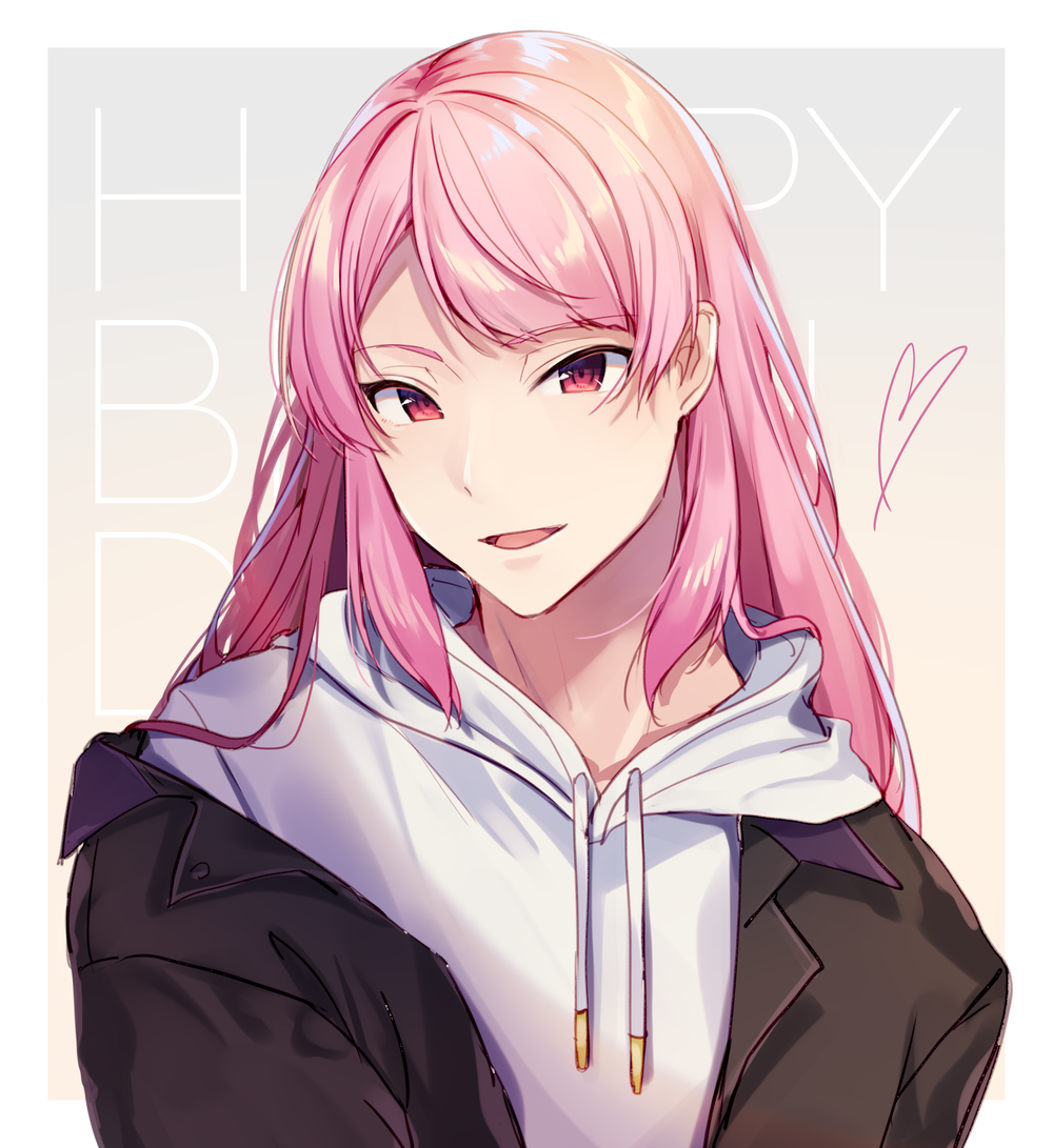 15pafe, 1boy, background_text, bangs, black_jacket, commentary_request, drawstring, eyebrows_visible_through_hair