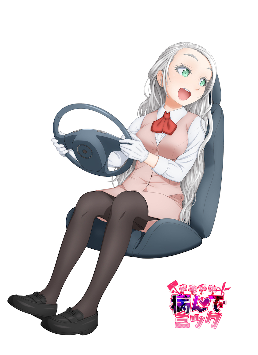 1girl, :d, aqua_eyes, black_footwear, black_legwear, chair, copyright_name, dokidoki_yandemic