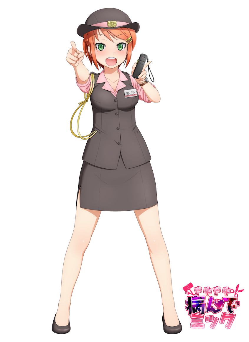 1girl, :o, black_headwear, cellphone, copyright_name, dokidoki_yandemic, full_body, green_eyes, grey_footwear, grey_skirt, hair_ornament, hairclip, hat, id_card, legs_apart, open_mouth, orange_hair, phone, pointing, pointing_at_viewer, short_hair, simple_background, skirt, sleeves_rolled_up, solo, standing, watch, white_background, zenzai_(zenzaio72)