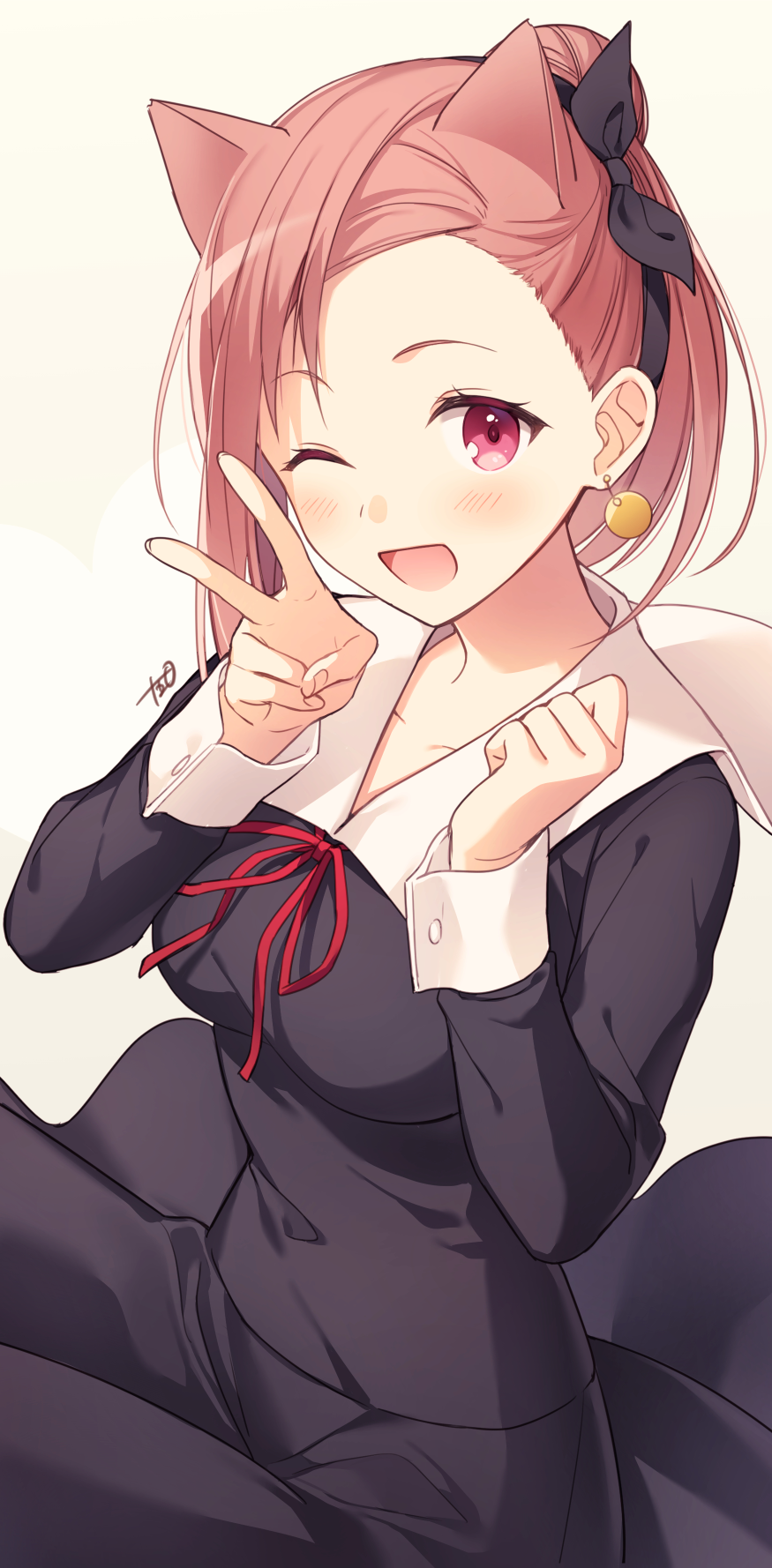 1girl, ;d, animal_ears, beige_background, black_dress, black_hairband, blush, breasts