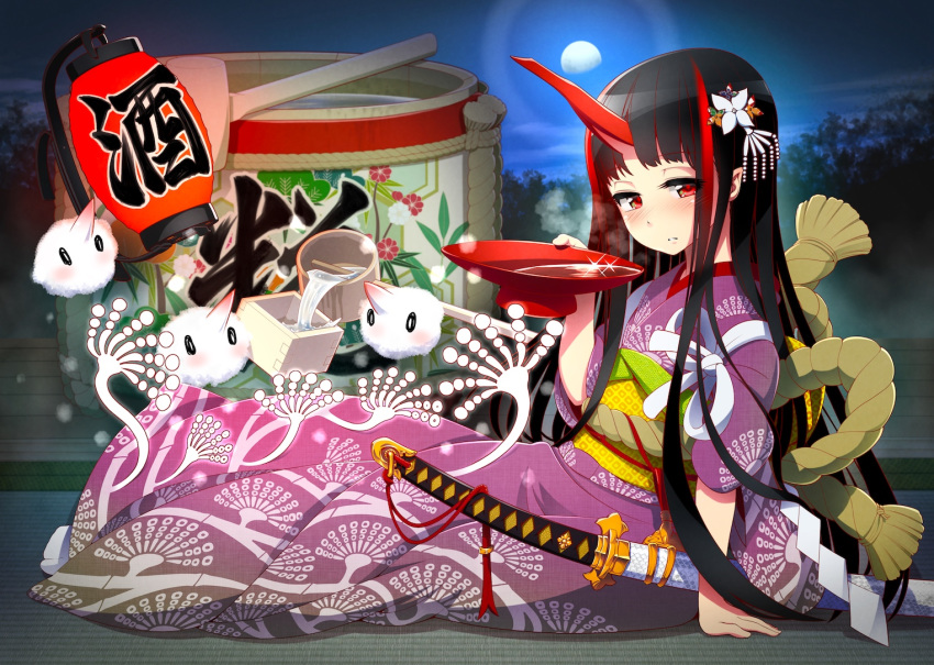 1girl, black_hair, cell_(card_game), cup, horns, japanese_clothes, kimono, lantern