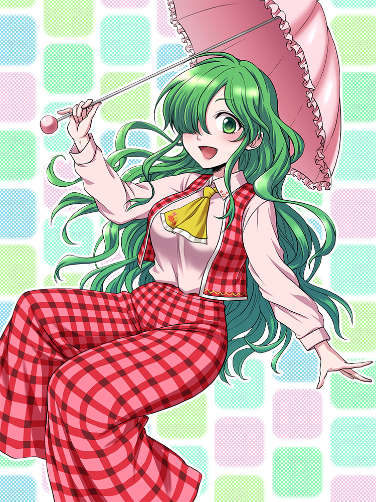 1girl, ascot, blush, green_eyes, green_hair, hair_over_one_eye, happy, kazami_yuuka