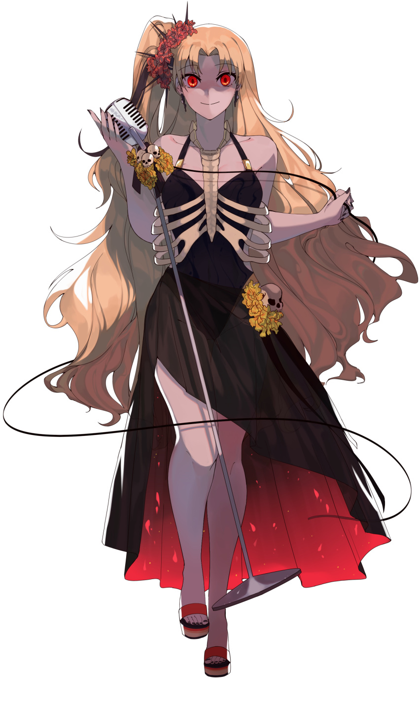 1girl, absurdres, bare_shoulders, black_dress, black_nails, blonde_hair, bone, dress