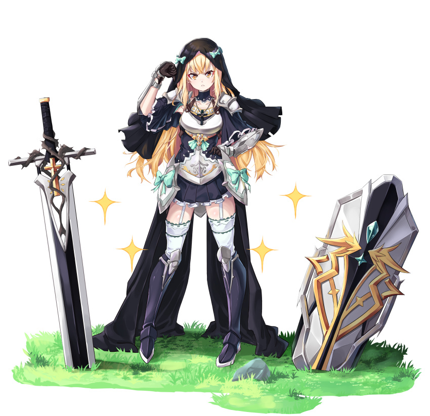 >:(, 1girl, absurdres, armor, armored_boots, blonde_hair, boots, collarbone
