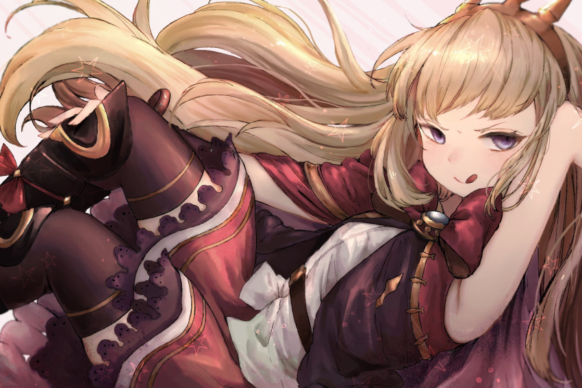 :p, black_footwear, black_legwear, blonde_hair, boots, cagliostro_(granblue_fantasy), cape, crown, granblue_fantasy, hairband, highres, kamogi, long_hair, looking_at_viewer, red_skirt, skirt, thigh-highs, tiara, tongue, tongue_out, violet_eyes