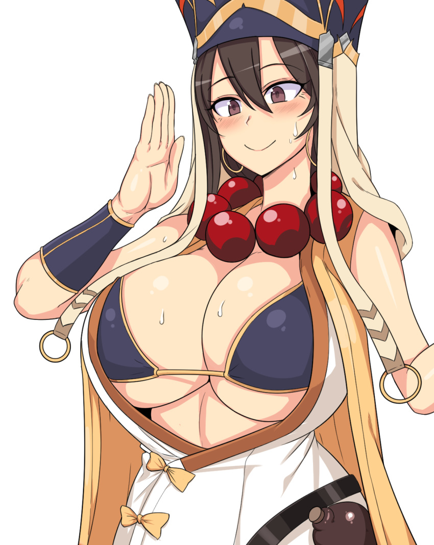 1girl, bead_necklace, beads, black_hair, breasts, brown_eyes, commentary_request, dress, earrings, embarrassed, eyebrows_visible_through_hair, eyelashes, fate/grand_order, fate_(series), hair_between_eyes, hand_up, headwear_request, highres, hoop_earrings, huge_breasts, jewelry, kook, korean_commentary, necklace, open_clothes, prayer_beads, sidelocks, solo, sweat, sweatdrop, under_boob, upper_body, white_dress, xuanzang_(fate/grand_order)