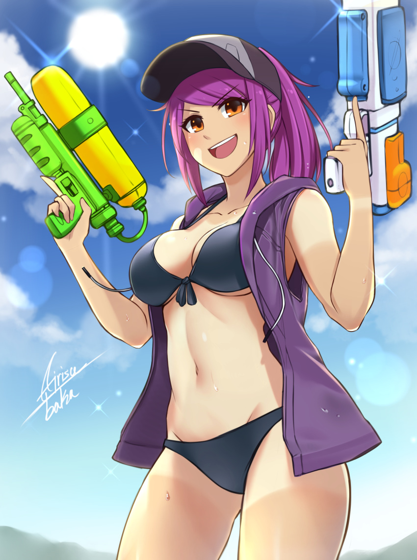 1girl, :d, absurdres, airisubaka, artist_name, bikini, black_bikini, blue_sky, breasts, brown_eyes, clouds, commentary, cowboy_shot, day, drawstring, dual_wielding, english_commentary, eyebrows_visible_through_hair, eyes_visible_through_hair, front-tie_bikini, front-tie_top, groin, highres, holding, jacket, leah_(airisubaka), long_hair, medium_breasts, navel, open_mouth, original, outdoors, ponytail, purple_hair, purple_jacket, signature, sky, sleeveless, sleeveless_jacket, smile, solo, stomach, sun, swimsuit, tan, tanline, trigger_discipline, v-shaped_eyebrows, water_gun