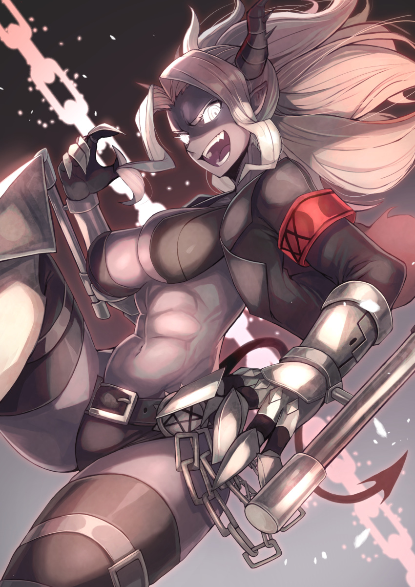 1girl, abs, armband, belt, black_horns, breasts, chain, commentary, dark_skin, demon_girl, demon_horns, demon_tail, fangs, gauntlets, grey_skin, helltaker, highres, horns, jacket, judgement, judgement_(helltaker), large_breasts, long_hair, looking_at_viewer, navel, ohako_(ohako1818), ponytail, smile, solo, tail, teeth, white_eyes, white_hair