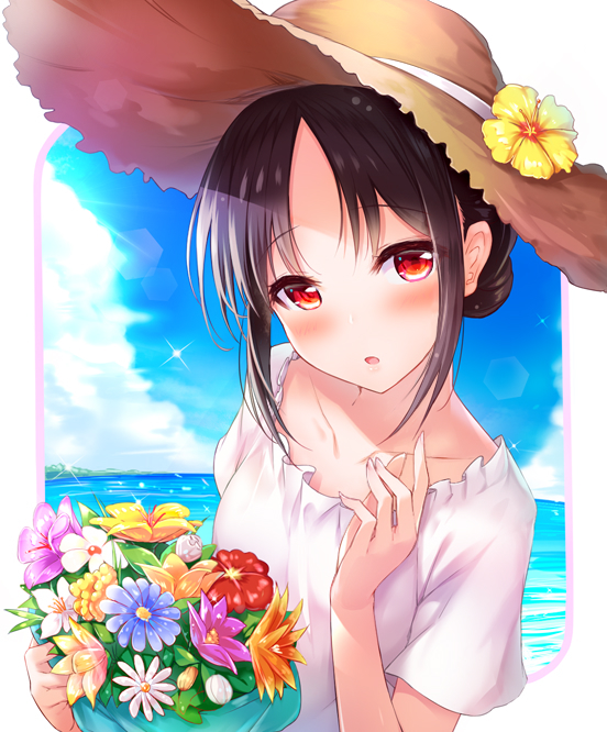 1girl, bangs, black_hair, blush, commentary_request, dress, flower, folded_ponytail