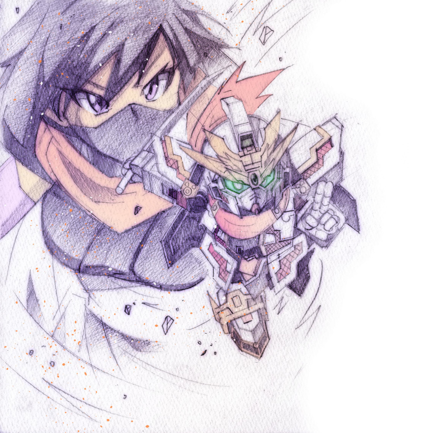 1girl, ayame_(gundam_build_divers), black_hair, breasts, chibi, green_eyes, gundam, gundam_build_divers