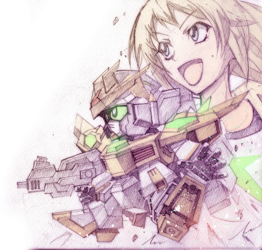 1girl, blue_eyes, brown_hair, chibi, floating_hair, green_eyes, gun, gundam