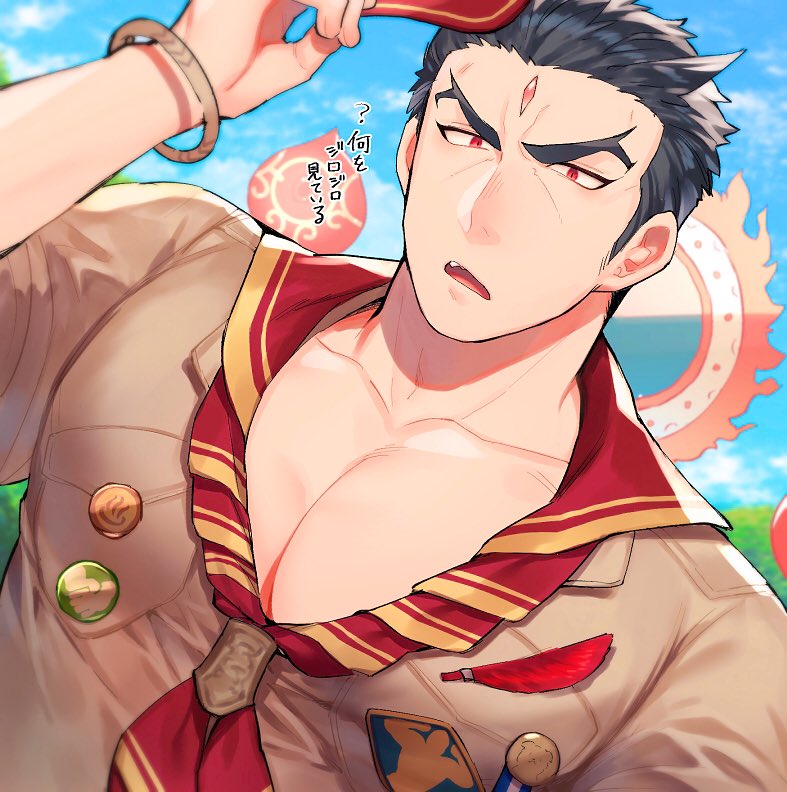 1boy, aizen_(tokyo_houkago_summoners), alternate_costume, badge, bara, black_hair, bursting_pecs, chest