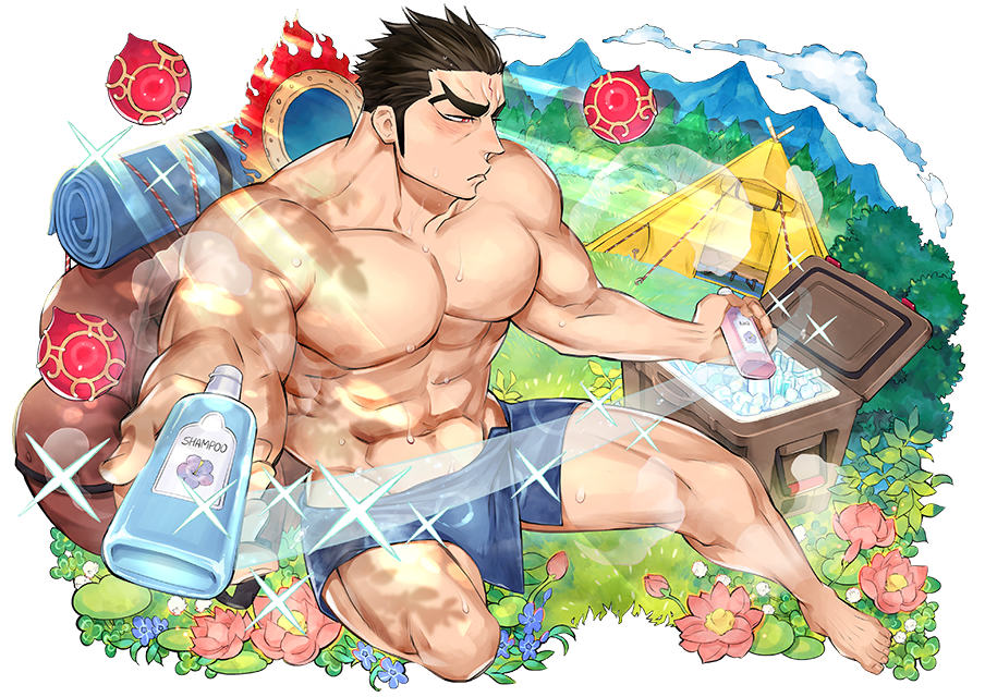 1boy, abs, aizen_(tokyo_houkago_summoners), alternate_costume, bara, barefoot, black_hair, blush