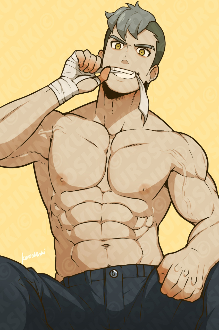 1boy, abs, absurdres, artofkuroshinki, bandages, bara, chest, grey_hair