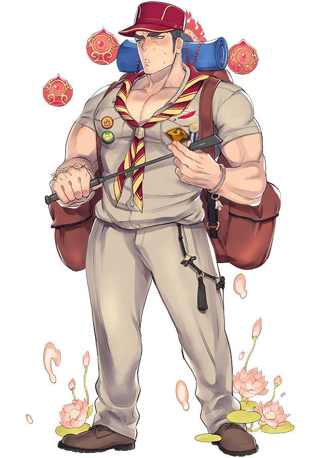 1boy, aizen_(tokyo_houkago_summoners), alternate_costume, backpack, bag, bara, black_hair, blush