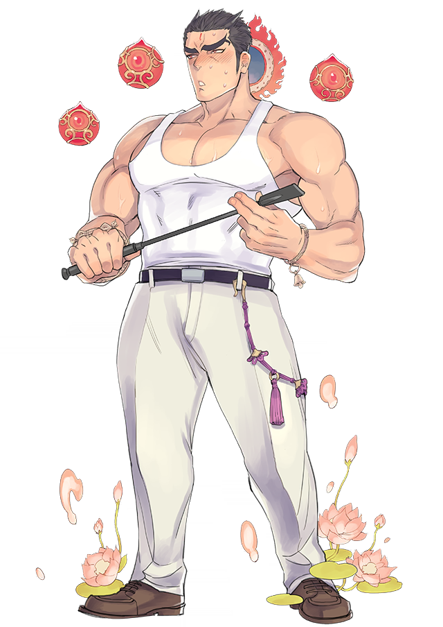 1boy, aizen_(tokyo_houkago_summoners), alternate_costume, bara, black_hair, blush, bracelet, chest