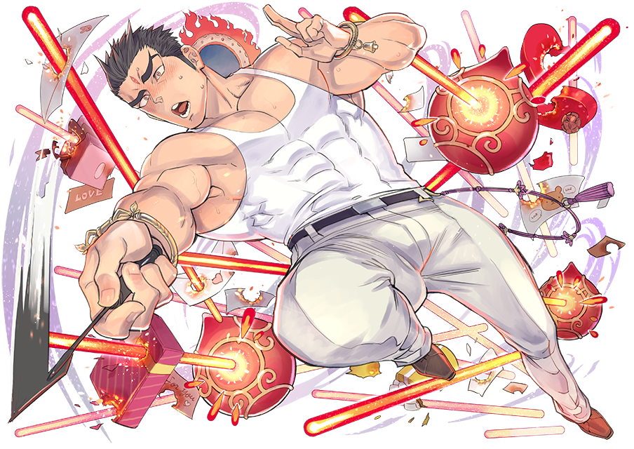 1boy, aizen_(tokyo_houkago_summoners), alternate_costume, bara, belt, black_hair, blush, chest