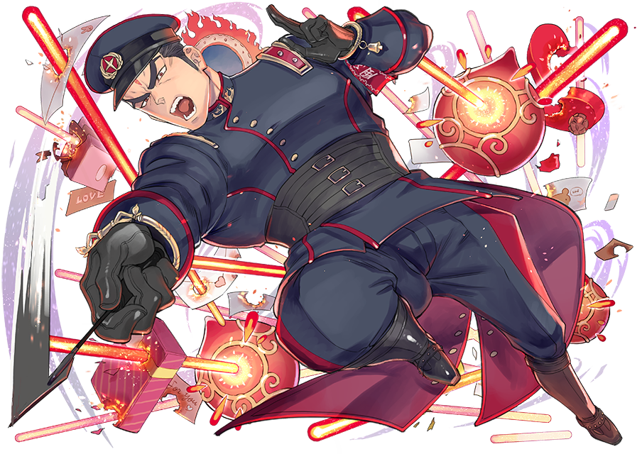 1boy, aizen_(tokyo_houkago_summoners), alternate_costume, bara, black_hair, chest, dynamic_pose, facial_mark
